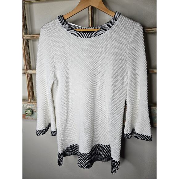 White Sweater Navy accents with bell sleeves by Melissa Paige Size Large - Picture 1 of 8
